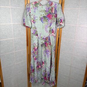 Jane Schaffhausen Belle France VTG Floral Rayon Dress Sage Green 6 Peony Garden